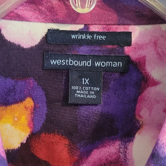 Westbount woman Sz1X 100% cotton Multicolor Floral 3/4 sleeve Button-Down Shirt - Picture 2 of 5